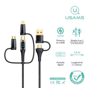 Cable celular carga rápida 6en1 A+C a C+L+M 100W 1.2m - Imagen 2