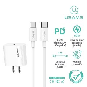 Cargador Celular Rápido USAMS 20W+Cable TypeC a TypeC 60W bl - Imagen 1