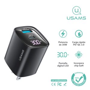 Cargador celular carga rápida USAMS Digital USB 30W Negro - Imagen 1