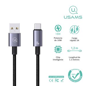 Cable celular carga rápida USB a Type-C 3A 1.2m Negro - Imagen 1