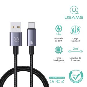 Cable celular carga rápida USB a Type-C 3A 2m Negro - Imagen 1