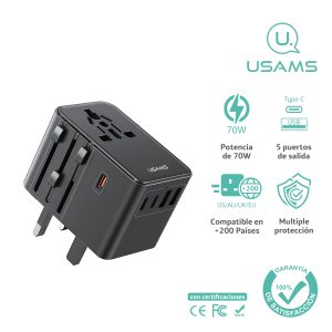Cargador celular pared Universal USAMS 6en1 USB Dual + Type-C Triple 70W Negro