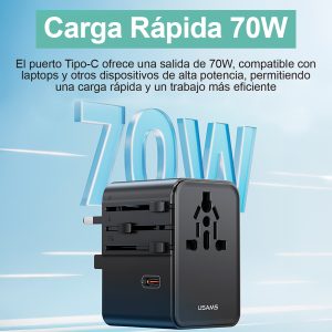 Cargador celular pared Universal USAMS 6en1 USB Dual + Type-C Triple 70W Negro - Imagen 4