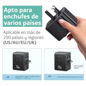 Cargador celular pared Universal USAMS 6en1 USB Dual + Type-C Triple 70W Negro - Imagen 6
