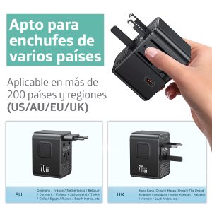 Cargador celular pared Universal USAMS 6en1 USB Dual + Type-C Triple 70W Negro - Imagen 5